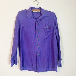 Vintage Restless Clothiers 100% Washable Silk Blouse Purple Embroidery Small